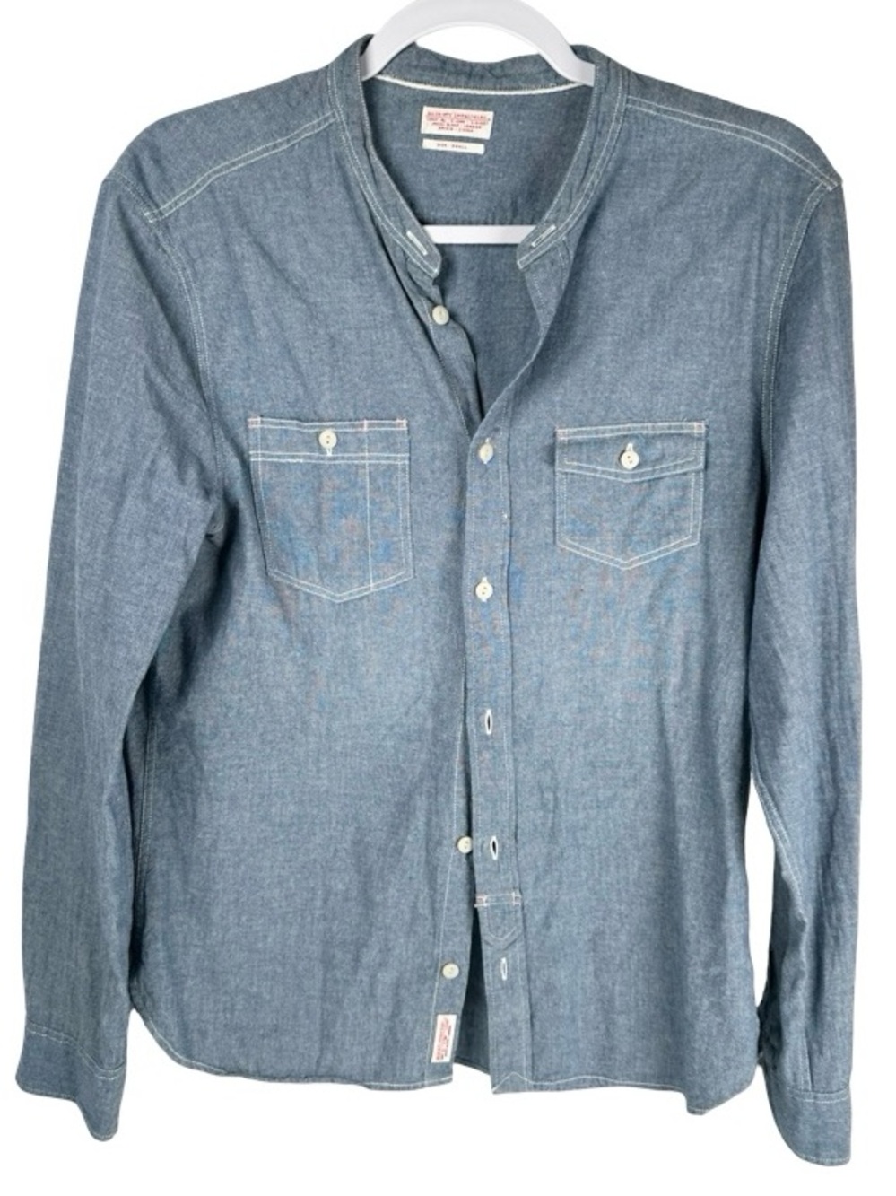 AllSaints Spitalfields Blue Chambray Band Collar Long Sleeve Button Shirt Small
